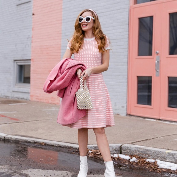 Unique Vintage Mod Pink Gingham Knitted Dress - Picture 8 of 9